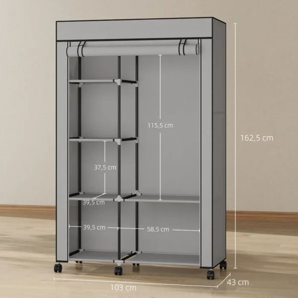 Stoffen Kast, Opbergoplossing, 6 Planken, 1 Kledingstang, Lichtgrijs