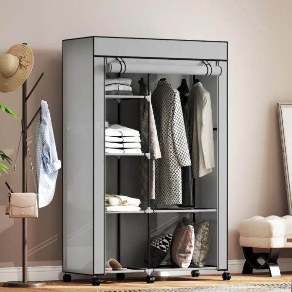 Stoffen Kast, Opbergoplossing, 6 Planken, 1 Kledingstang, Lichtgrijs
