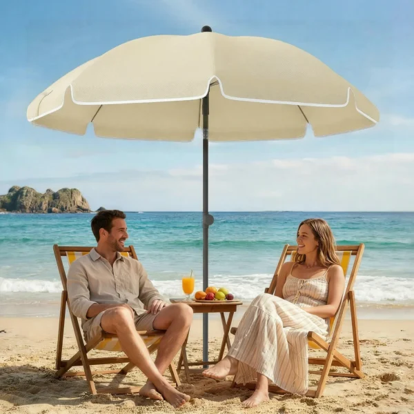 Strandparasol Ø150 Cm Waterafstotend Opvouwbaar Strandparasol Met Zandanker Verstelbare Helling Draagtas Beige