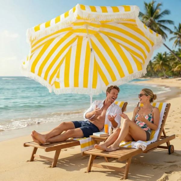 Strandparasol Ø180 Cm Met Zandanker, Verstelbare Helling, Draagtas Voor Reizen, Strand, Geel + Wit