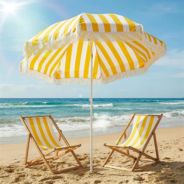 Strandparasol Ø180 Cm Met Zandanker, Verstelbare Helling, Draagtas Voor Reizen, Strand, Geel + Wit