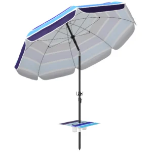 Strandparasol Ø198 Cm UV30+ Strandparasol Met Inklapbare Tafel Drankhouder Verstelbare Kanteling Meerkleurig