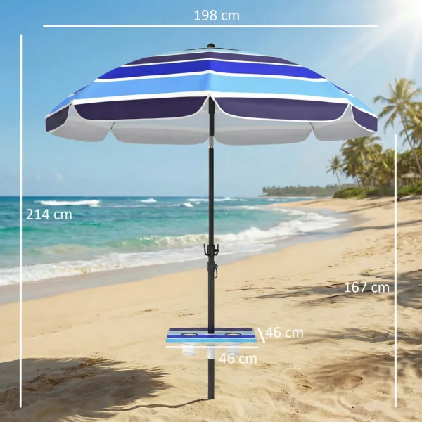 Strandparasol Ø198 Cm UV30+ Strandparasol Met Inklapbare Tafel Drankhouder Verstelbare Kanteling Meerkleurig