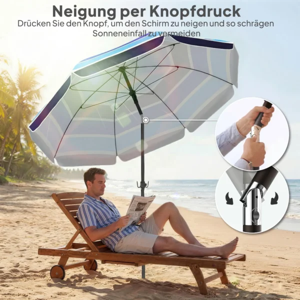 Strandparasol Ø198 Cm UV30+ Strandparasol Met Inklapbare Tafel Drankhouder Verstelbare Kanteling Meerkleurig