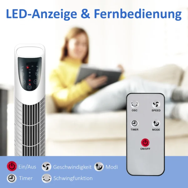 Torenventilator, 3 Modi, Stille Werking, Timer, Afstandsbediening, 18x78,5cm, Wit
