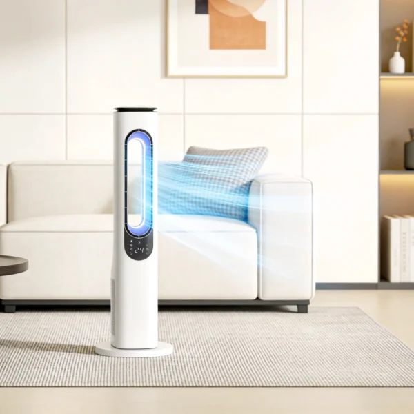 Torenventilator Zonder Rotor Voor Slaapkamers, 35 DB Stille Staande Ventilator Met 50° Oscillatie, LED verlichting, 3 Snelheden, 15 uurs Timer, Wit