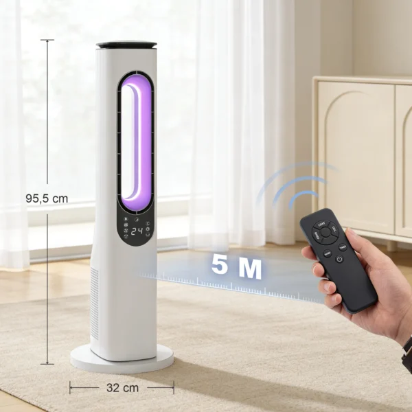 Torenventilator Zonder Rotor Voor Slaapkamers, 35 DB Stille Staande Ventilator Met 50° Oscillatie, LED verlichting, 3 Snelheden, 15 uurs Timer, Wit