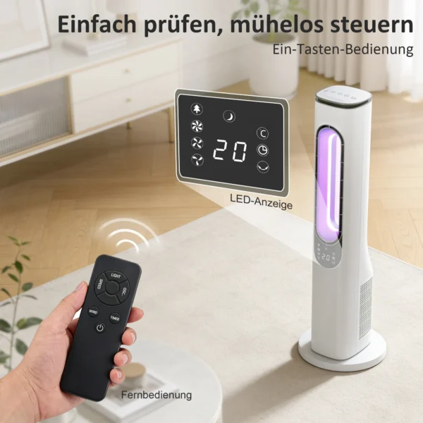 Torenventilator Zonder Rotor Voor Slaapkamers, 35 DB Stille Staande Ventilator Met 50° Oscillatie, LED verlichting, 3 Snelheden, 15 uurs Timer, Wit