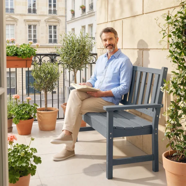 Tuinbank 2 zits Weerbestendig Kunststof Buitenbank Met Lamellenontwerp Houtlook Rugleuning Grijs