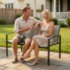 Tuinbank 2 zits Weerbestendig Metaal Buiten Zitbank Met Ademende Zitting Gebogen Armleuningen 112 X 66 X 80 Cm Grijs