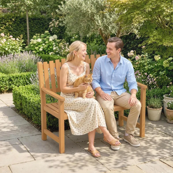 Tuinbank 2 zits Weerbestendige Houten Bank Met Lamellenontwerp Armleuningen, Houten Zitbank Tot 320 Kg 112 X 64 X 92 Cm Natuurhout