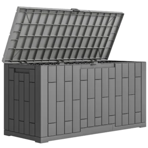 Tuinbox 227 Liter Waterdicht Afsluitbaar UV bestendig Kussenbox Met Houtlook Voor Tuin 106,5x43x54,5cm Grijs