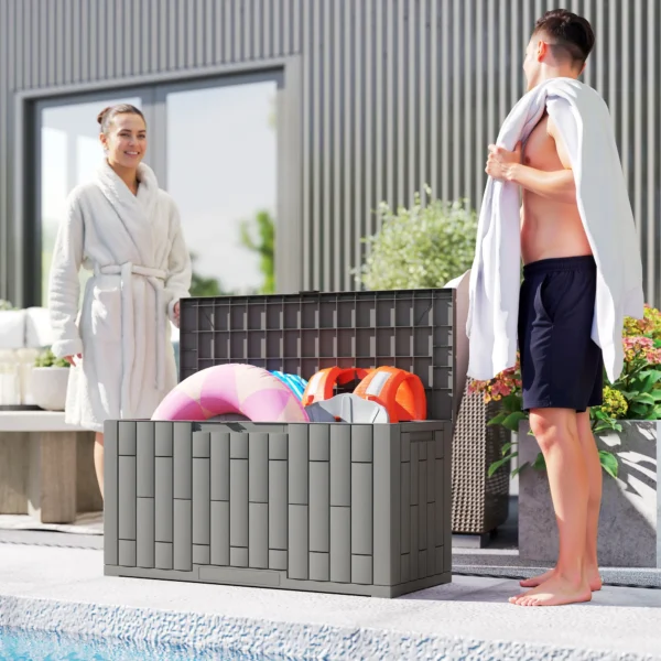 Tuinbox 227 Liter Waterdicht Afsluitbaar UV bestendig Kussenbox Met Houtlook Voor Tuin 106,5x43x54,5cm Grijs