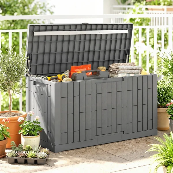 Tuinbox 379 Liter Waterdicht Afsluitbaar UV bestendig Kussenbox Met Houtlook Voor Tuin 122,5x56x62cm Grijs
