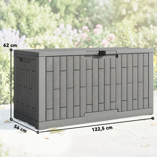 Tuinbox 379 Liter Waterdicht Afsluitbaar UV bestendig Kussenbox Met Houtlook Voor Tuin 122,5x56x62cm Grijs