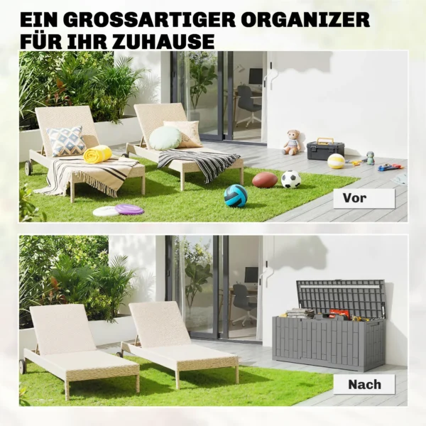 Tuinbox 379 Liter Waterdicht Afsluitbaar UV bestendig Kussenbox Met Houtlook Voor Tuin 122,5x56x62cm Grijs