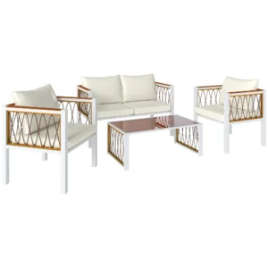 Tuinmeubelset 4 delig Polyrattan Lounge Set Met Tweezitter 2 Stoelen Glazen Tafel Afneembare Kussens Antislip Mat