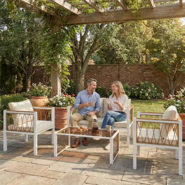 Tuinmeubelset 4 delig Polyrattan Lounge Set Met Tweezitter 2 Stoelen Glazen Tafel Afneembare Kussens Antislip Mat