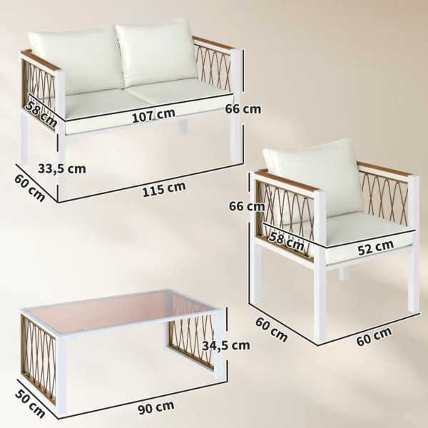 Tuinmeubelset 4 delig Polyrattan Lounge Set Met Tweezitter 2 Stoelen Glazen Tafel Afneembare Kussens Antislip Mat