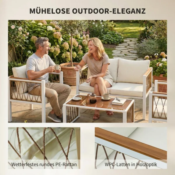 Tuinmeubelset 4 delig Polyrattan Lounge Set Met Tweezitter 2 Stoelen Glazen Tafel Afneembare Kussens Antislip Mat