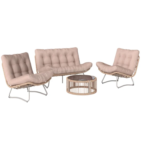 Tuinmeubelset 4 delig Polyrattan Lounge Set Met Tweezitter 2 Stoelen Glazen Tafel Brede & Diepe Zit Dikke Kussens
