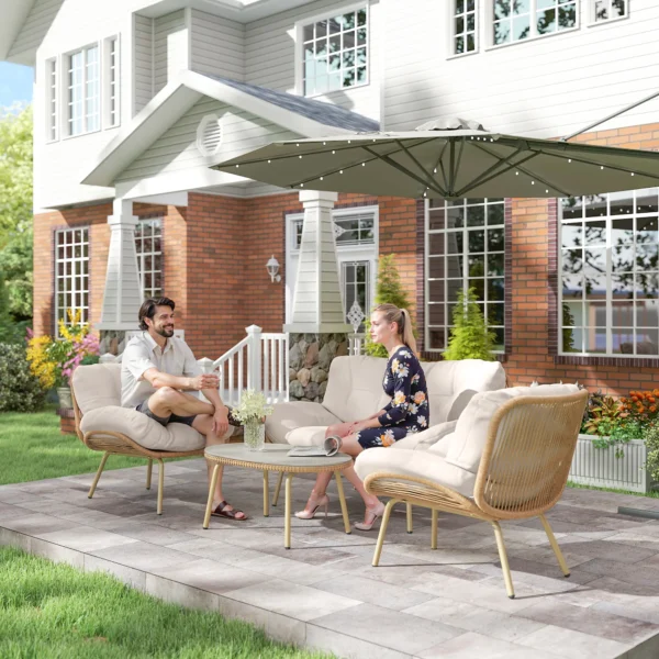 Tuinmeubelset 4 delig Polyrattan Lounge set Met Tweezitter 2 Stoelen Tafel Diepe Zit Dikke Kussens