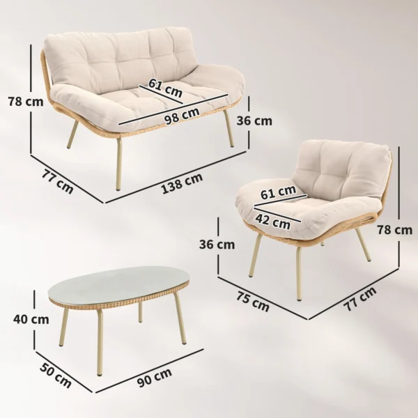 Tuinmeubelset 4 delig Polyrattan Lounge set Met Tweezitter 2 Stoelen Tafel Diepe Zit Dikke Kussens