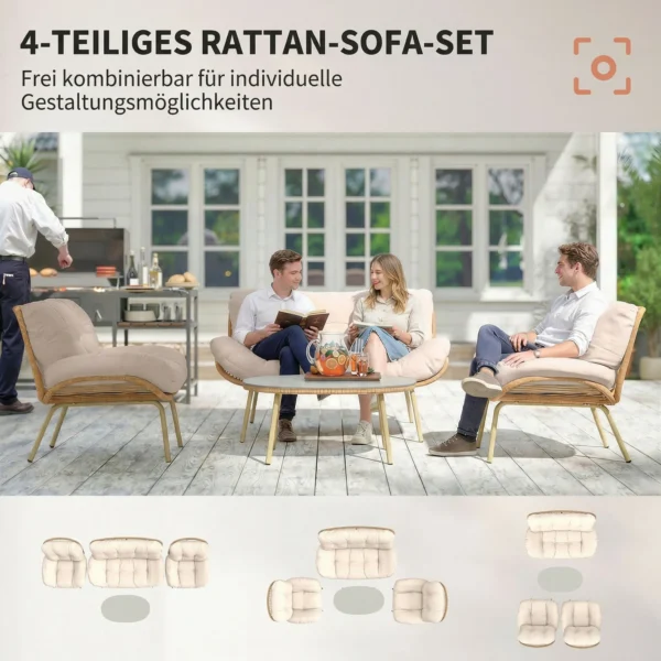 Tuinmeubelset 4 delig Polyrattan Lounge set Met Tweezitter 2 Stoelen Tafel Diepe Zit Dikke Kussens
