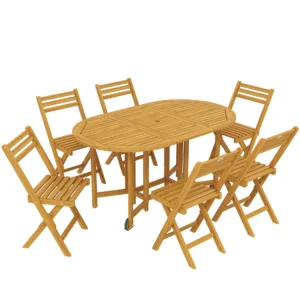 Tuinmeubelset FSC Hout Zitgroep 7 delig Opklapbare Tafel Met 6 Opklapstoelen Parasolgat Lamellendesign