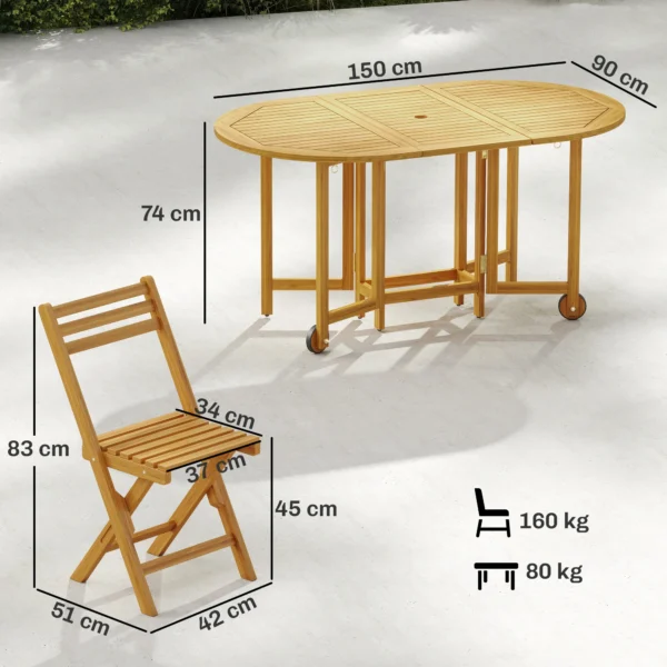 Tuinmeubelset FSC Hout Zitgroep 7 delig Opklapbare Tafel Met 6 Opklapstoelen Parasolgat Lamellendesign