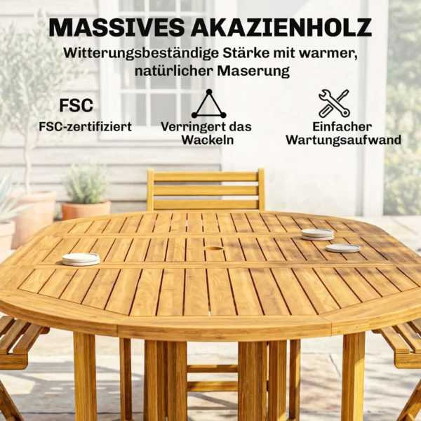 Tuinmeubelset FSC Hout Zitgroep 7 delig Opklapbare Tafel Met 6 Opklapstoelen Parasolgat Lamellendesign