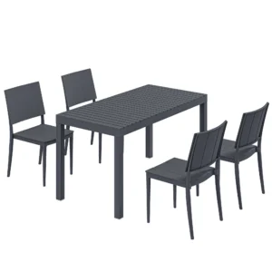 Tuinmeubelset Zitgroep 5 delig Brede Tafel Met 4 Stapelstoelen Lameldesign Voor 4 Personen Donkergrijs