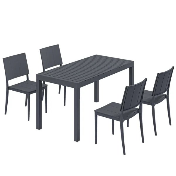 Tuinmeubelset Zitgroep 5 delig Brede Tafel Met 4 Stapelstoelen Lameldesign Voor 4 Personen Donkergrijs