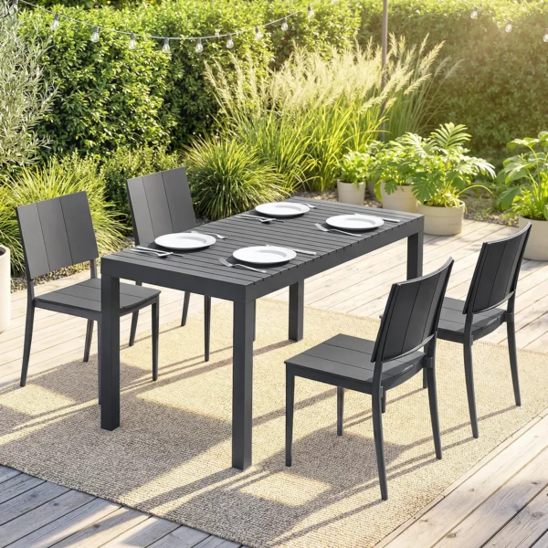 Tuinmeubelset Zitgroep 5 delig Brede Tafel Met 4 Stapelstoelen Lameldesign Voor 4 Personen Donkergrijs