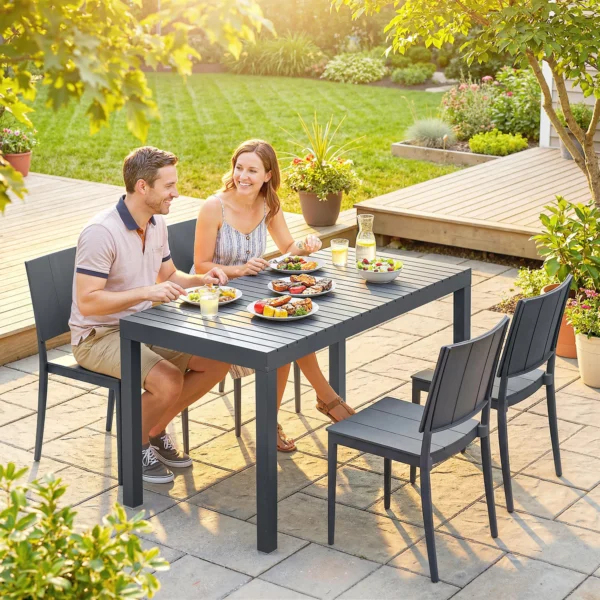 Tuinmeubelset Zitgroep 5 delig Brede Tafel Met 4 Stapelstoelen Lameldesign Voor 4 Personen Donkergrijs