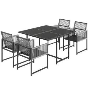 Tuinmeubelset Zitgroep 5 delig Glazen Tafel Met 4 Ademende Stoelen Inklapbaar Rugleuning Touwvlechtwerk