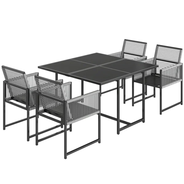 Tuinmeubelset Zitgroep 5 delig Glazen Tafel Met 4 Ademende Stoelen Inklapbaar Rugleuning Touwvlechtwerk