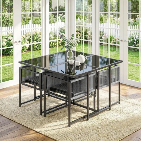 Tuinmeubelset Zitgroep 5 delig Glazen Tafel Met 4 Ademende Stoelen Inklapbaar Rugleuning Touwvlechtwerk