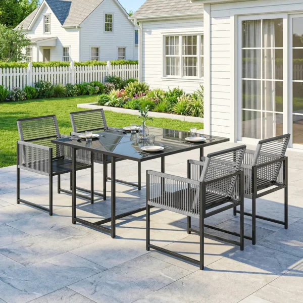 Tuinmeubelset Zitgroep 5 delig Glazen Tafel Met 4 Ademende Stoelen Inklapbaar Rugleuning Touwvlechtwerk