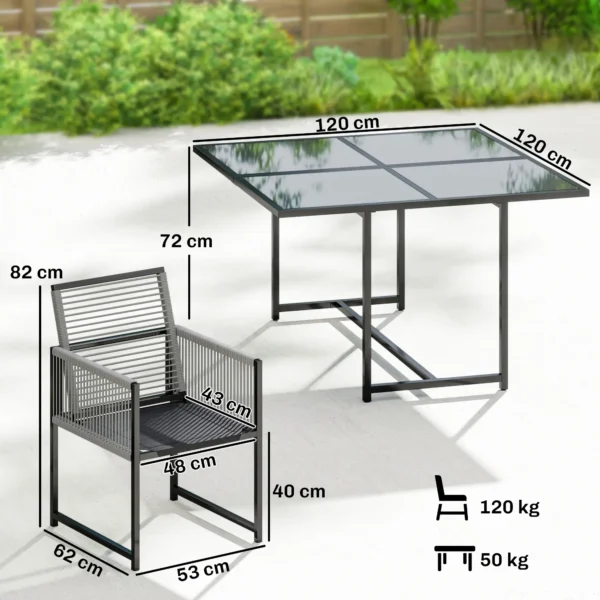 Tuinmeubelset Zitgroep 5 delig Glazen Tafel Met 4 Ademende Stoelen Inklapbaar Rugleuning Touwvlechtwerk