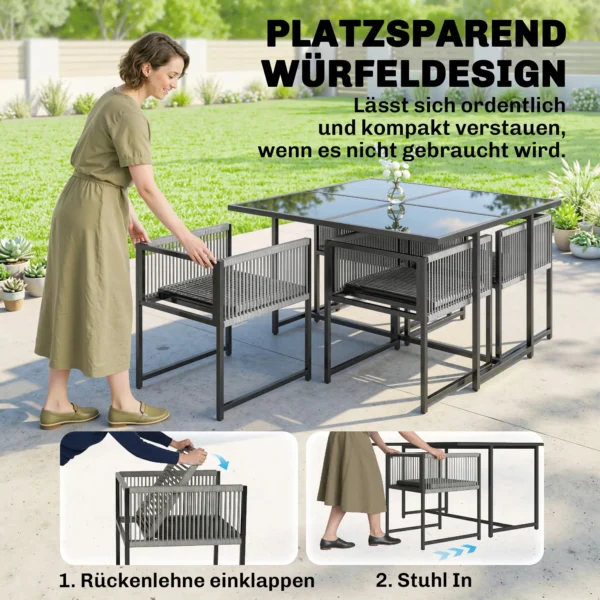 Tuinmeubelset Zitgroep 5 delig Glazen Tafel Met 4 Ademende Stoelen Inklapbaar Rugleuning Touwvlechtwerk