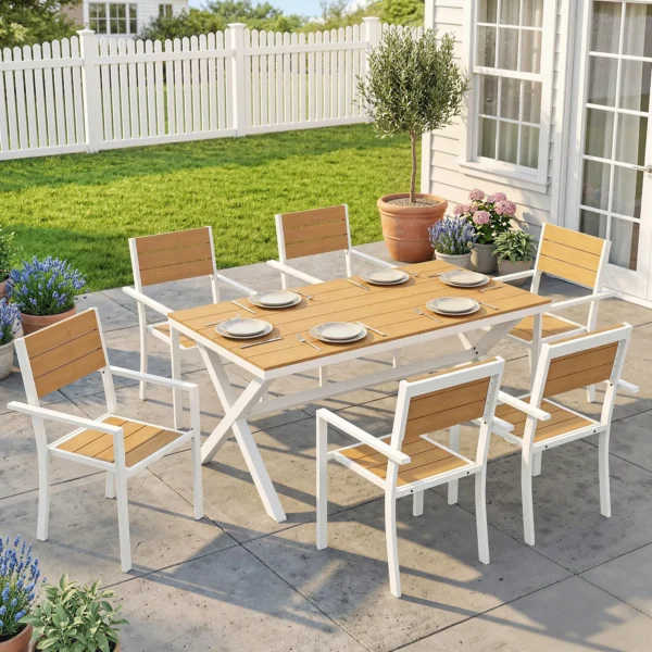 Tuinmeubelset Zitgroep 7 delig Tafel Met 6 Stapelbare Stoelen Houtlook Aluminiumframe Teak