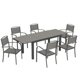 Tuinmeubelset Zitgroep 7 delig Uitschuifbare Tafel Met 6 Stoelen Houtlook Lameldesign Aluminiumframe