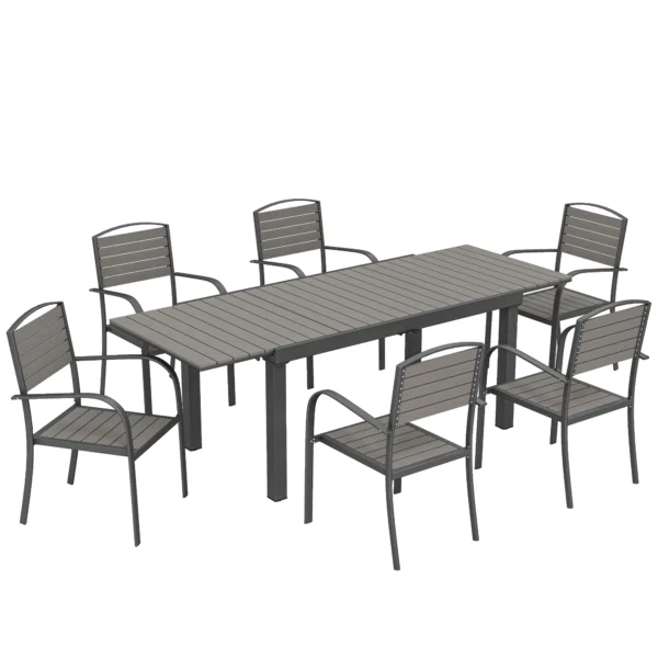 Tuinmeubelset Zitgroep 7 delig Uitschuifbare Tafel Met 6 Stoelen Houtlook Lameldesign Aluminiumframe