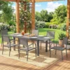 Tuinmeubelset Zitgroep 7 delig Uitschuifbare Tafel Met 6 Stoelen Houtlook Lameldesign Aluminiumframe
