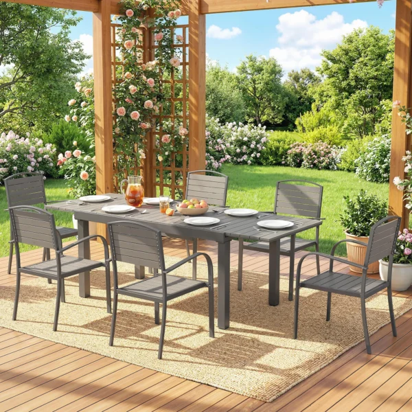 Tuinmeubelset Zitgroep 7 delig Uitschuifbare Tafel Met 6 Stoelen Houtlook Lameldesign Aluminiumframe