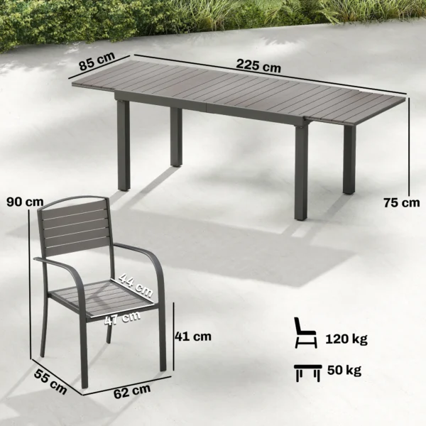Tuinmeubelset Zitgroep 7 delig Uitschuifbare Tafel Met 6 Stoelen Houtlook Lameldesign Aluminiumframe