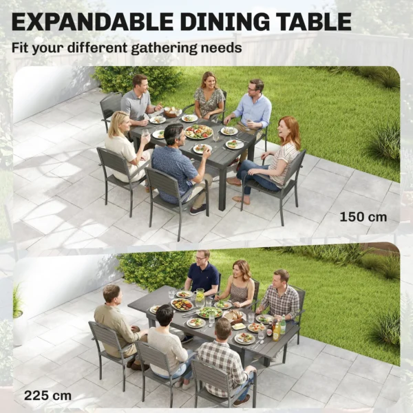 Tuinmeubelset Zitgroep 7 delig Uitschuifbare Tafel Met 6 Stoelen Houtlook Lameldesign Aluminiumframe