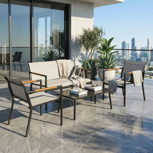 Tuinmeubelset Zitgroep Voor 4 Personen Ademende Tuinlounge Met 2 zitsbank 2 Stoelen Metalen Tafel Voetkussens