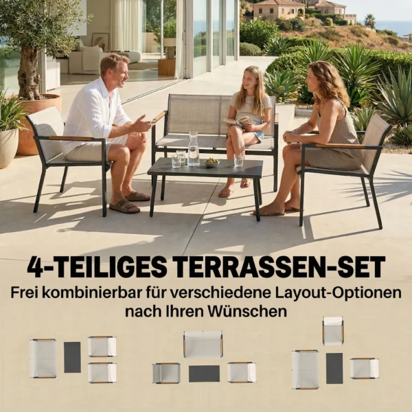 Tuinmeubelset Zitgroep Voor 4 Personen Ademende Tuinlounge Met 2 zitsbank 2 Stoelen Metalen Tafel Voetkussens